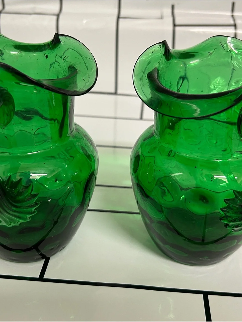 2 PC Vintage MCM Green Glass Pitcher Green Glass Decorative Vases - Set of 2